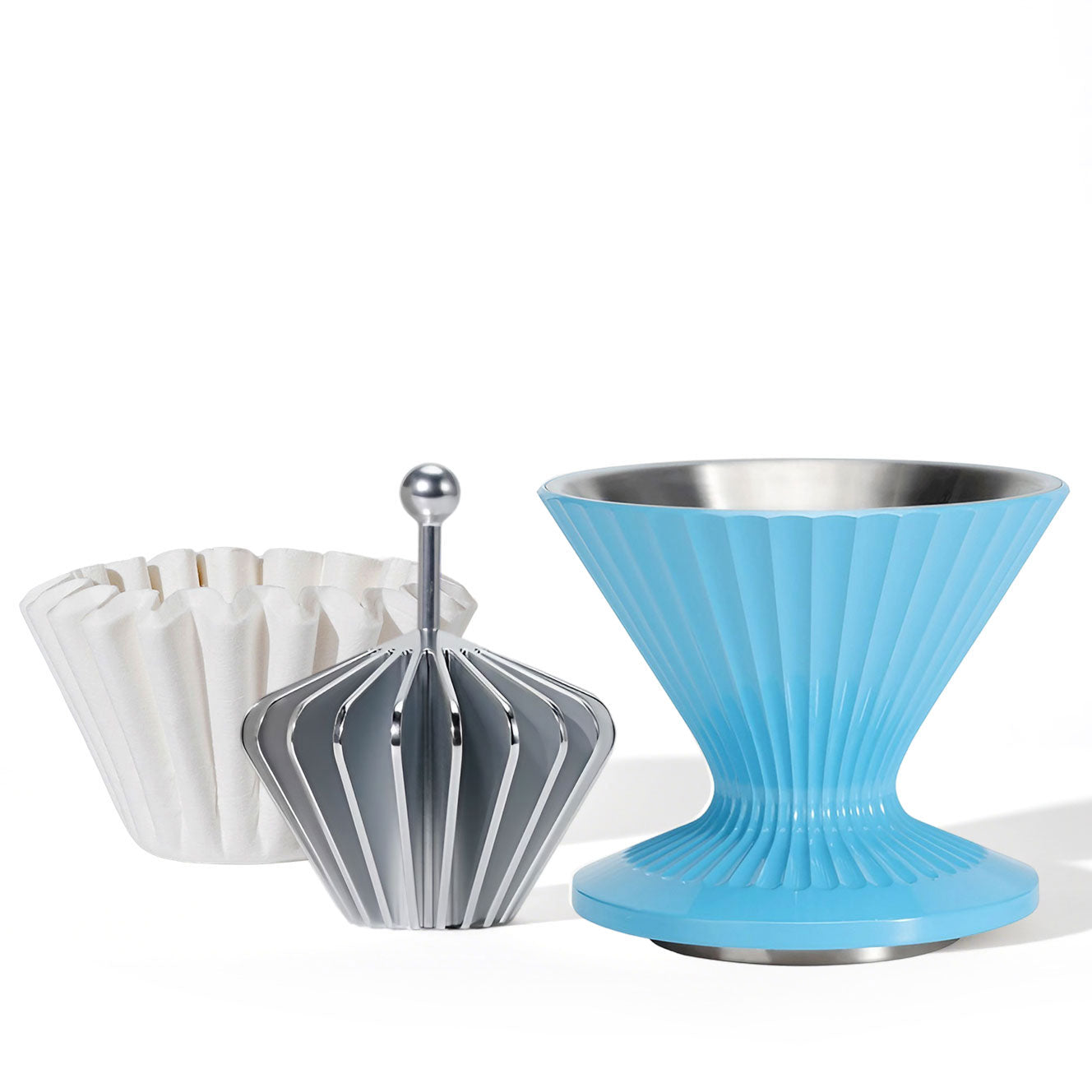 3 in 1 Metal Pour Over Coffee Dripper Set: Stainless Steel Dripper + Filter Paper Press + Wave-shape Filter Paper