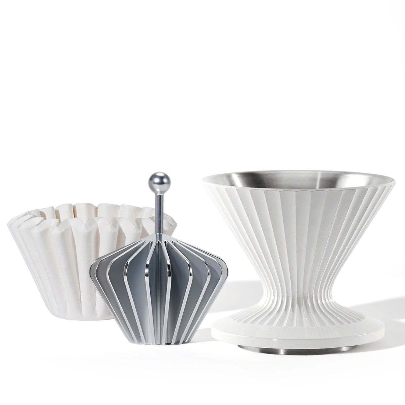 3 in 1 Metal Pour Over Coffee Dripper Set: Stainless Steel Dripper + Filter Paper Press + Wave-shape Filter Paper