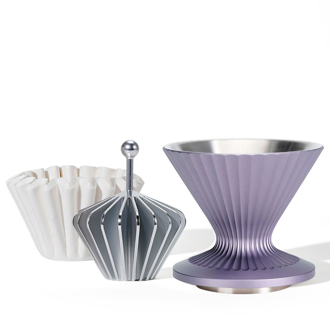 3 in 1 Metal Pour Over Coffee Dripper Set: Stainless Steel Dripper + Filter Paper Press + Wave-shape Filter Paper