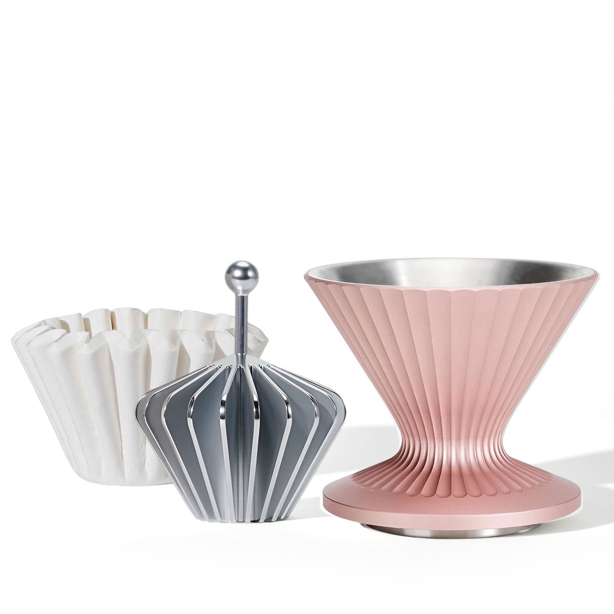 3 in 1 Metal Pour Over Coffee Dripper Set: Stainless Steel Dripper + Filter Paper Press + Wave-shape Filter Paper
